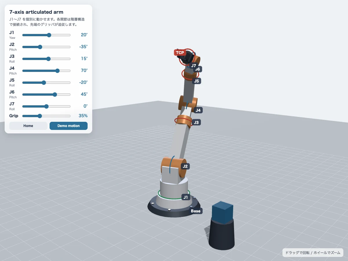 Claude Fable 5.1が生成した7軸ロボットアームの3Dモデル