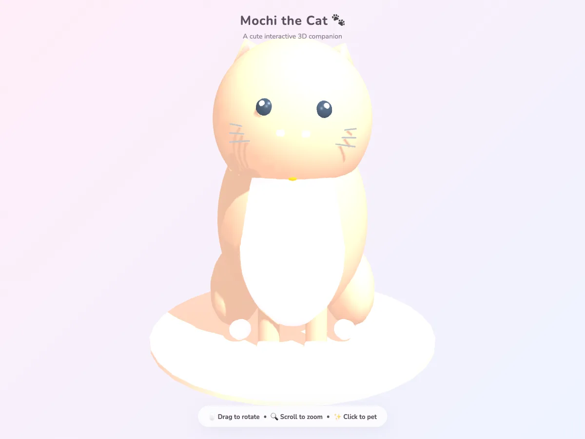 Gemini 3.5 Flash が生成したクリーム色の猫 Mochi。大きな黒目で白いラグの上に座る