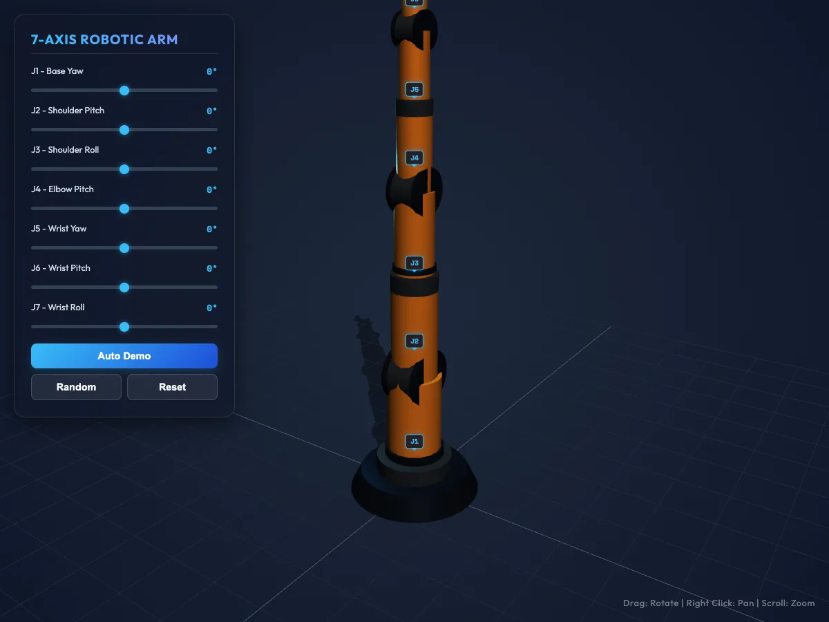Gemini 3.5 Flash が生成した7軸ロボットアーム。オレンジ色の節が直立した初期ポーズで、左にスライダーパネル