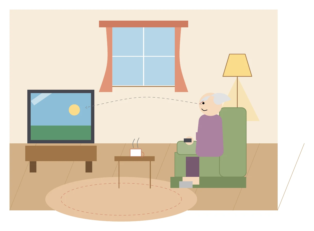 Claude Fable 5がTikZで描いた独居おばあちゃんがリビングでテレビを見ている絵