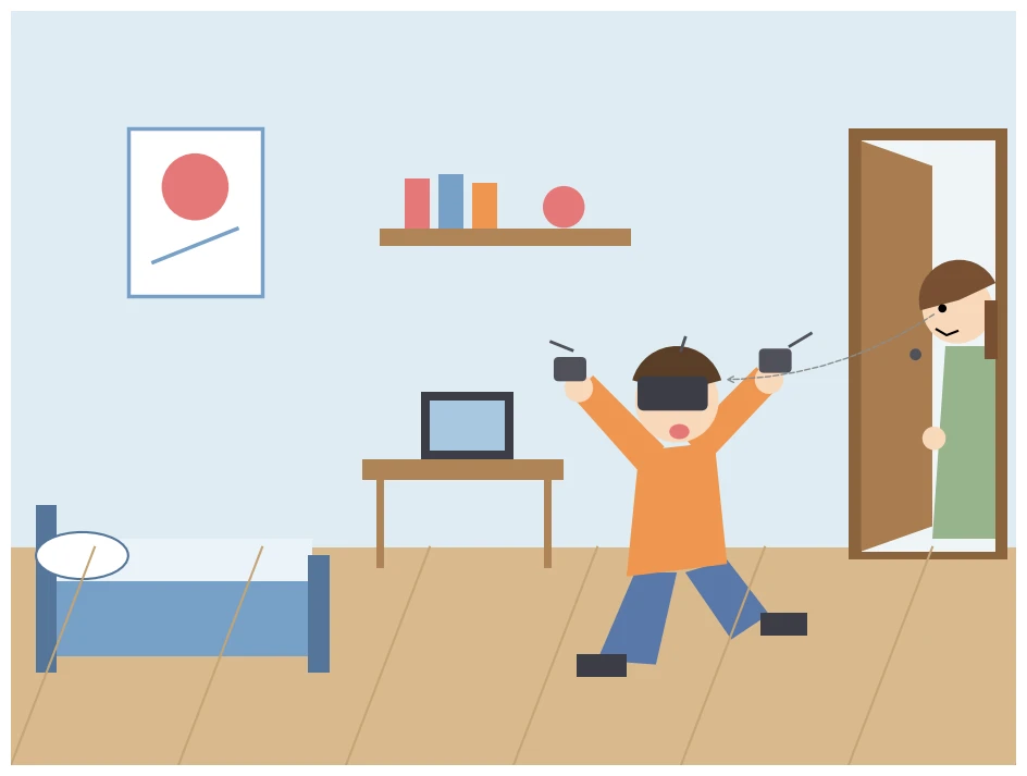 Claude Fable 5がmatplotlibで描いた自分の部屋でVRゴーグルで遊んでいる様子をお母さんに見られる息子