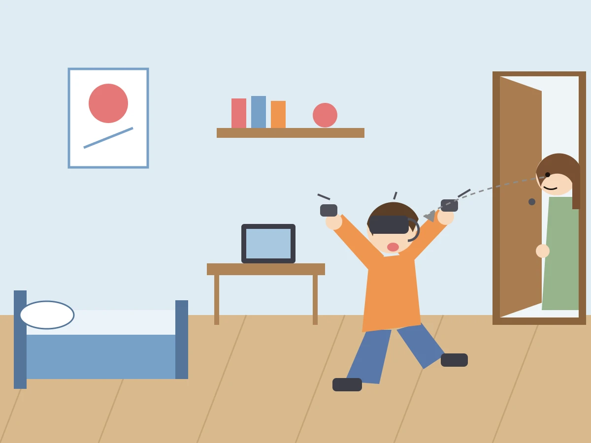Claude Fable 5がSVGで描いた自分の部屋でVRゴーグルで遊んでいる様子をお母さんに見られる息子