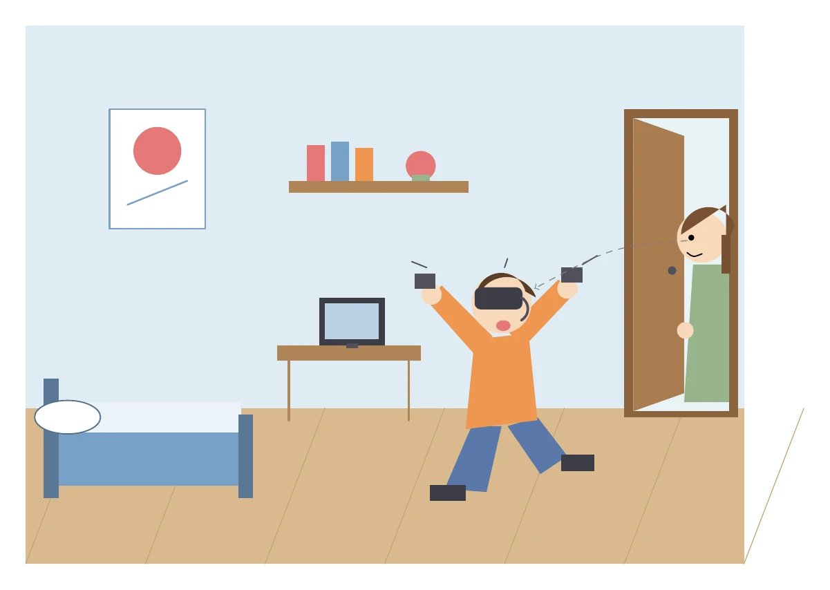 Claude Fable 5がTikZで描いた自分の部屋でVRゴーグルで遊んでいる様子をお母さんに見られる息子