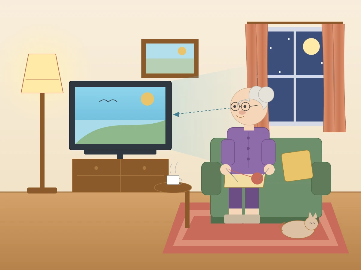Claude Fable 5.1がSVGで描いた独居おばあちゃんがリビングでテレビを見ている絵