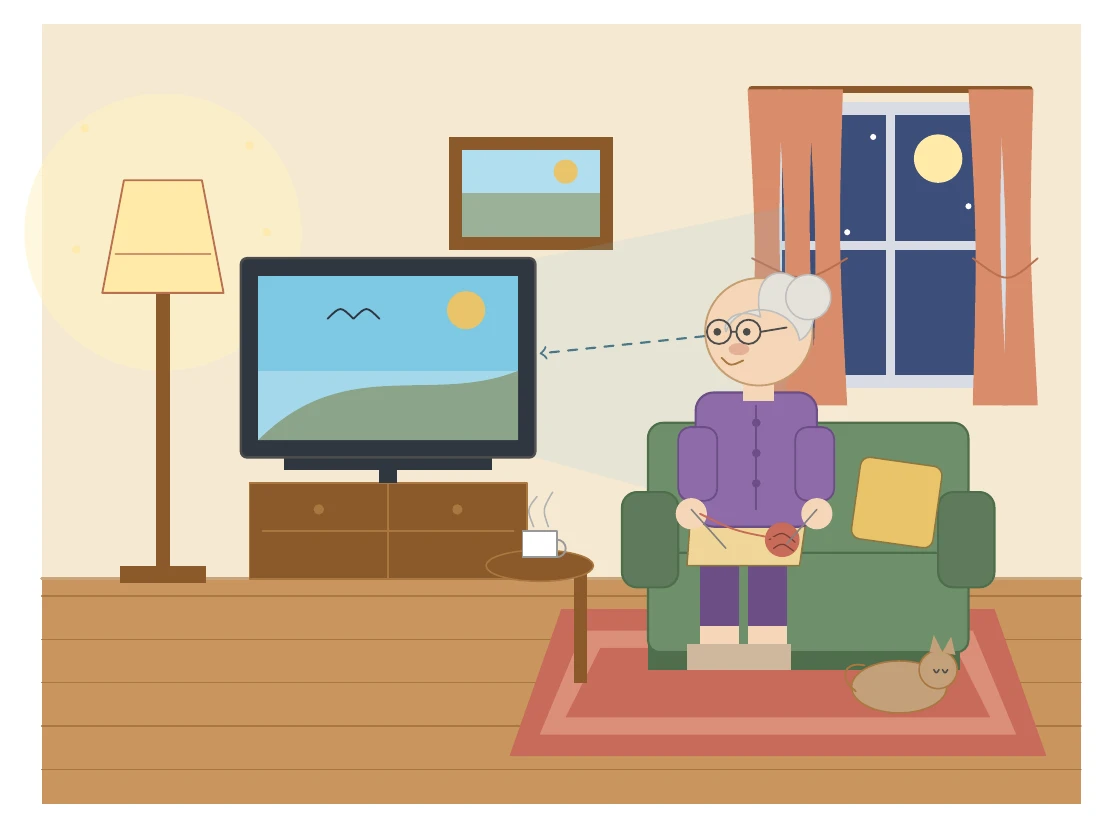 Claude Fable 5.1がTikZで描いた独居おばあちゃんがリビングでテレビを見ている絵