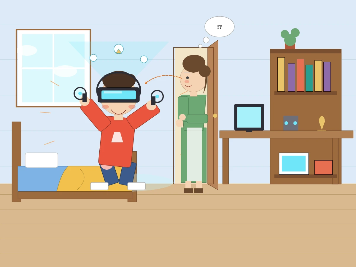 Claude Fable 5.1がmatplotlibで描いた自分の部屋でVRゴーグルで遊んでいる様子をお母さんに見られる息子