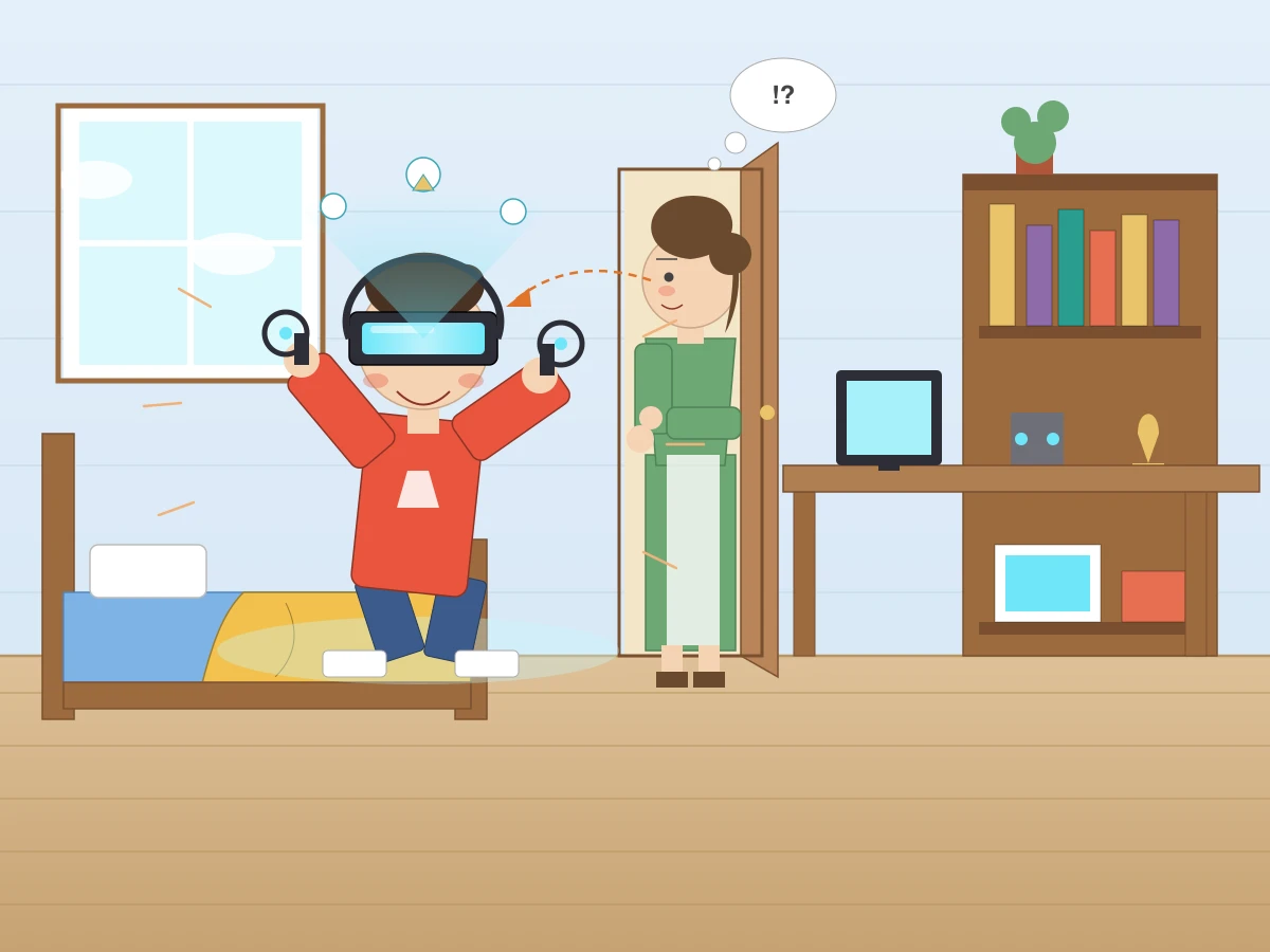 Claude Fable 5.1がSVGで描いた自分の部屋でVRゴーグルで遊んでいる様子をお母さんに見られる息子