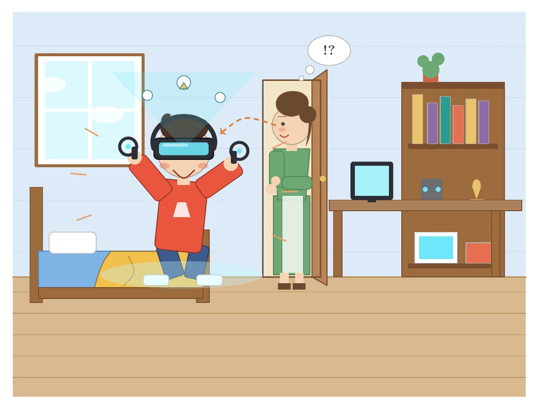 Claude Fable 5.1がTikZで描いた自分の部屋でVRゴーグルで遊んでいる様子をお母さんに見られる息子