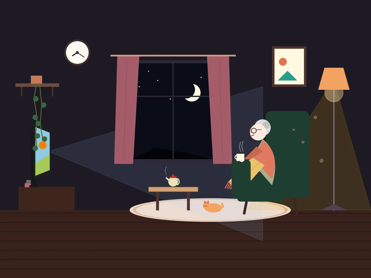 Gemini 3.5 Flashがmatplotlibで描いた独居おばあちゃんがリビングでテレビを見ている絵