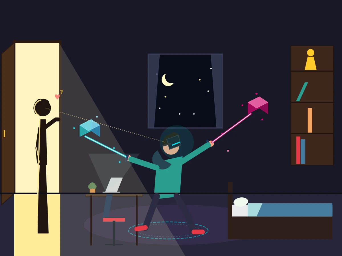 Gemini 3.5 Flashがmatplotlibで描いた自分の部屋でVRゴーグルで遊んでいる様子をお母さんに見られる息子