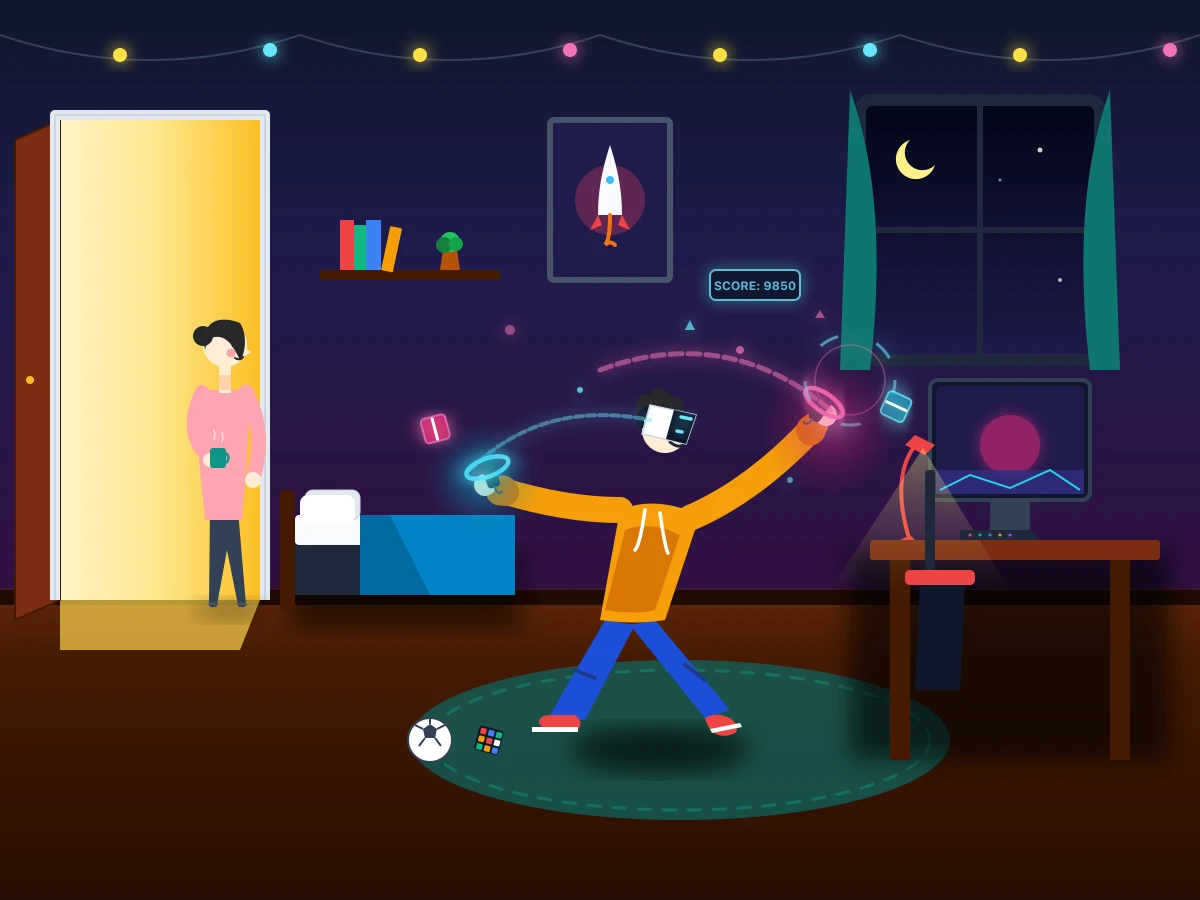 Gemini 3.5 FlashがSVGで描いた自分の部屋でVRゴーグルで遊んでいる様子をお母さんに見られる息子