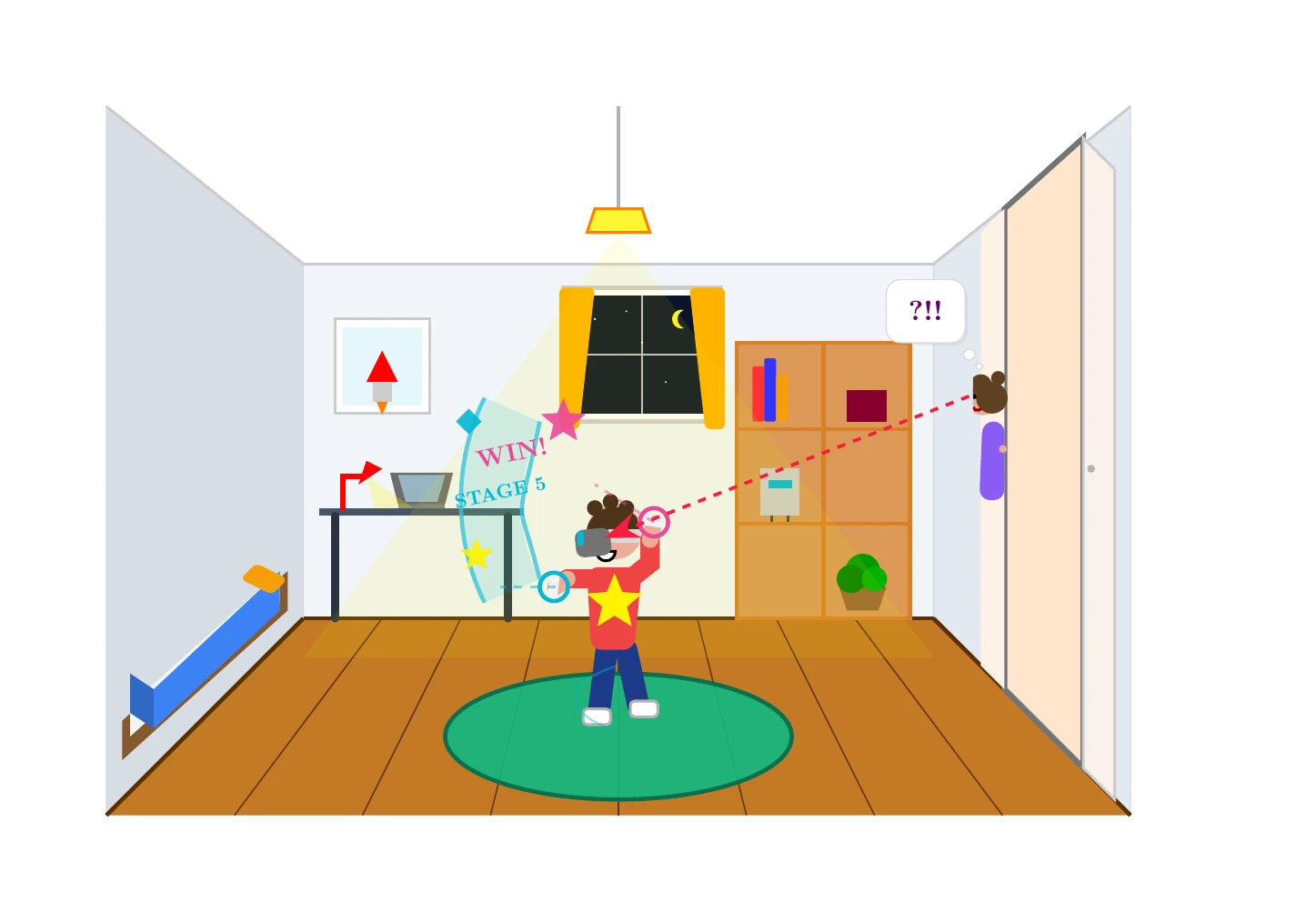 Gemini 3.5 FlashがTikZで描いた自分の部屋でVRゴーグルで遊んでいる様子をお母さんに見られる息子