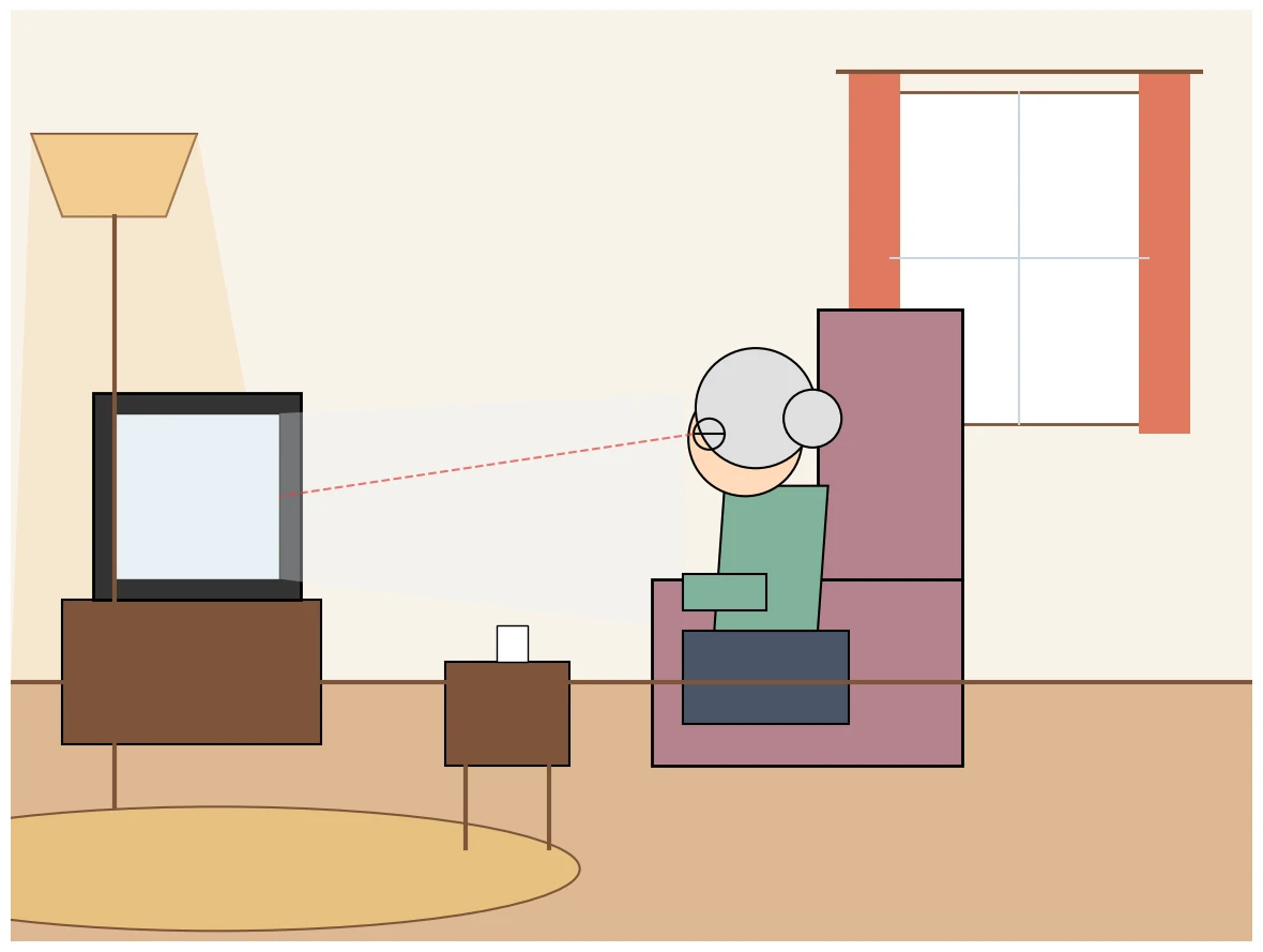 Gemini 3.6 Flashがmatplotlibで描いた独居おばあちゃんがリビングでテレビを見ている絵