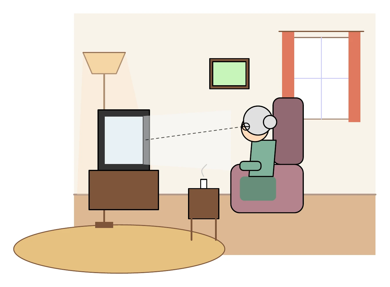 Gemini 3.6 FlashがTikZで描いた独居おばあちゃんがリビングでテレビを見ている絵