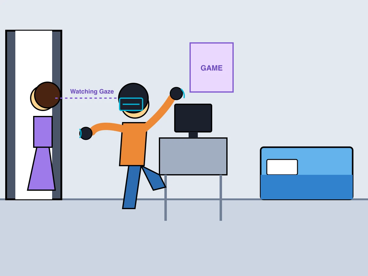 Gemini 3.6 FlashがSVGで描いた自分の部屋でVRゴーグルで遊んでいる様子をお母さんに見られる息子