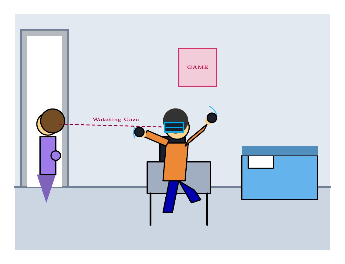 Gemini 3.6 FlashがTikZで描いた自分の部屋でVRゴーグルで遊んでいる様子をお母さんに見られる息子