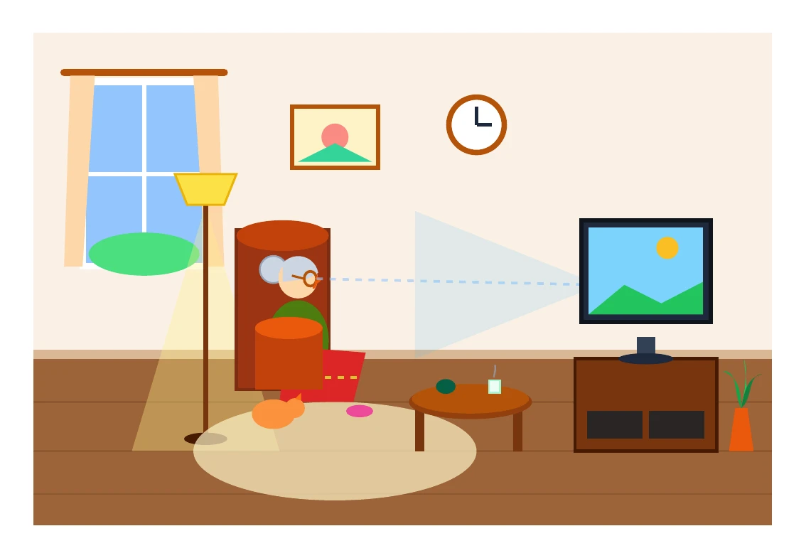 Gemini 3.7 FlashがTikZで描いた独居おばあちゃんがリビングでテレビを見ている絵