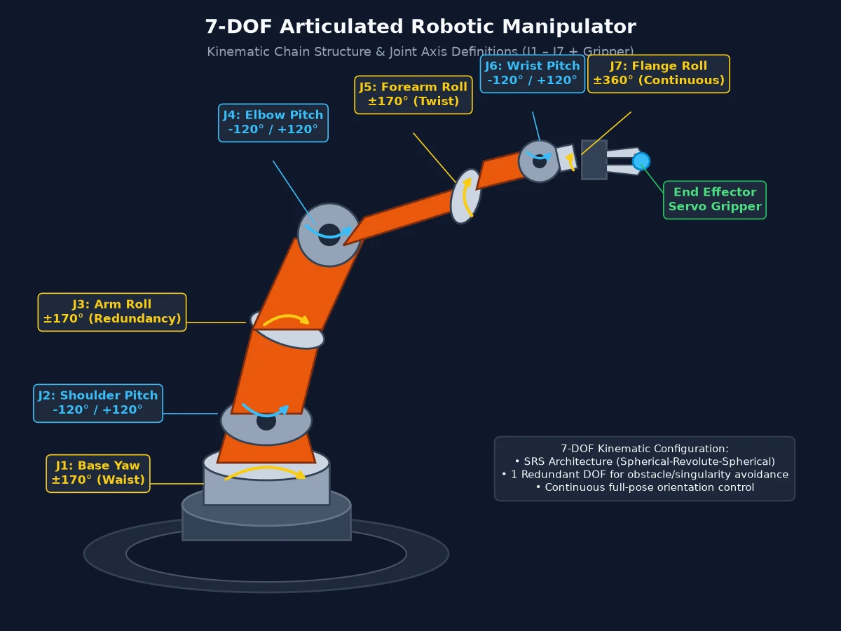 Gemini 3.7 Flashがmatplotlibで描いた7軸ロボットアームとその軸の説明