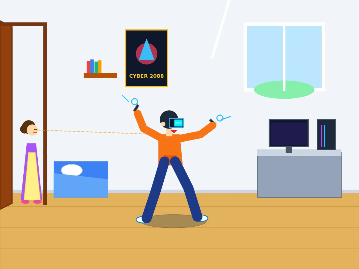 Gemini 3.7 Flashがmatplotlibで描いた自分の部屋でVRゴーグルで遊んでいる様子をお母さんに見られる息子