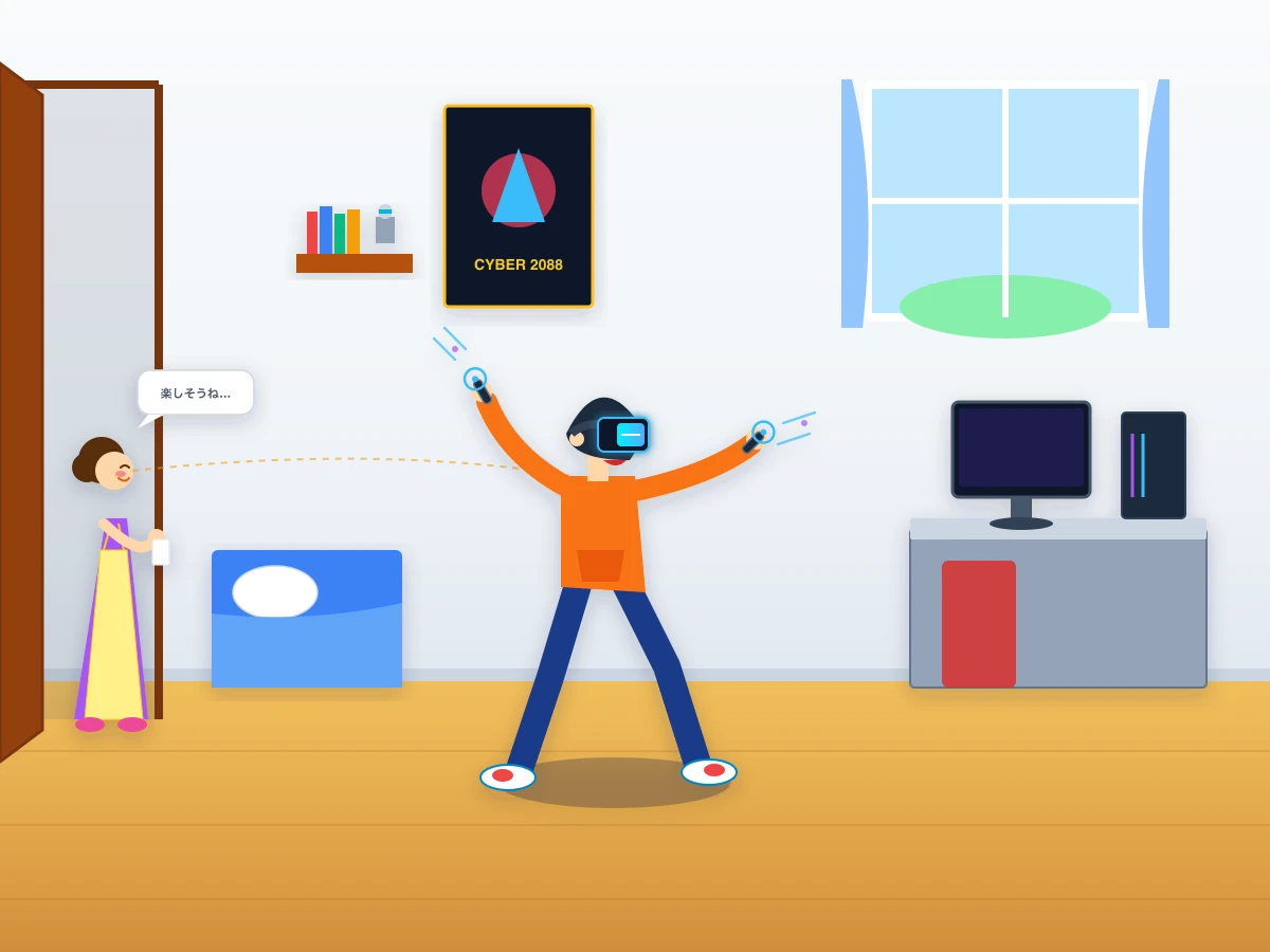 Gemini 3.7 FlashがSVGで描いた自分の部屋でVRゴーグルで遊んでいる様子をお母さんに見られる息子