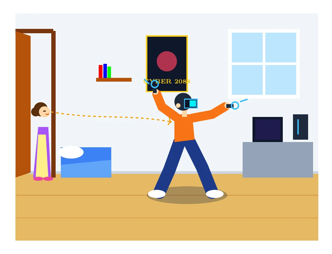 Gemini 3.7 FlashがTikZで描いた自分の部屋でVRゴーグルで遊んでいる様子をお母さんに見られる息子