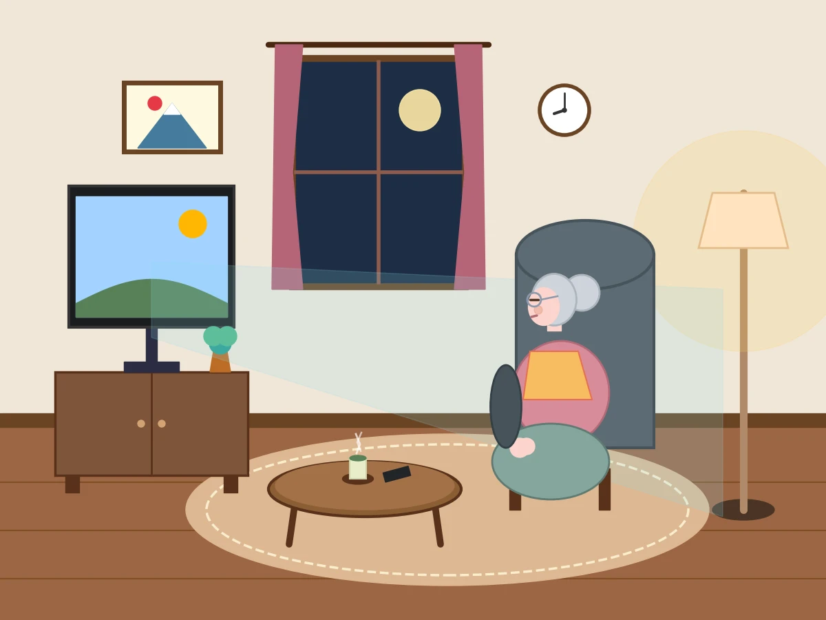 Gemini 3.8 Flashがmatplotlibで描いた独居おばあちゃんがリビングでテレビを見ている絵