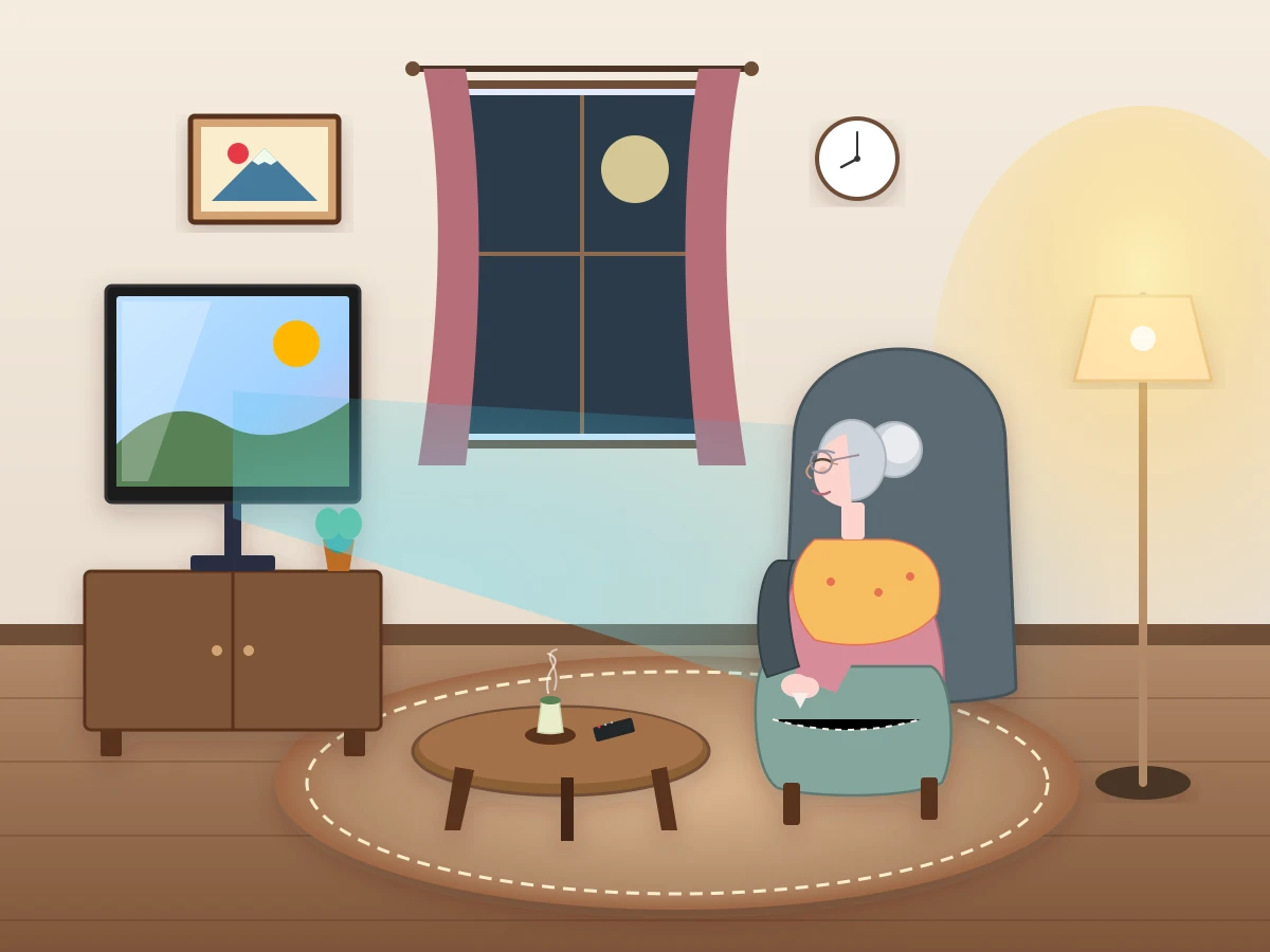 Gemini 3.8 FlashがSVGで描いた独居おばあちゃんがリビングでテレビを見ている絵