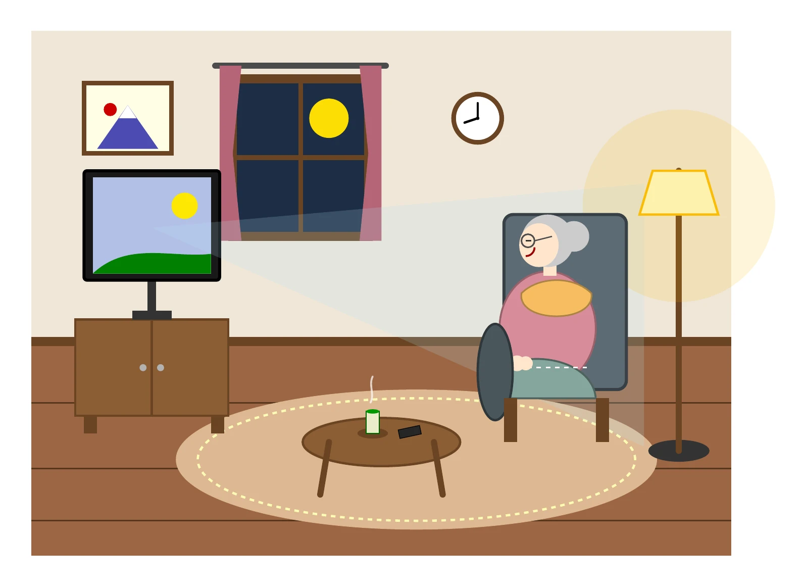 Gemini 3.8 FlashがTikZで描いた独居おばあちゃんがリビングでテレビを見ている絵
