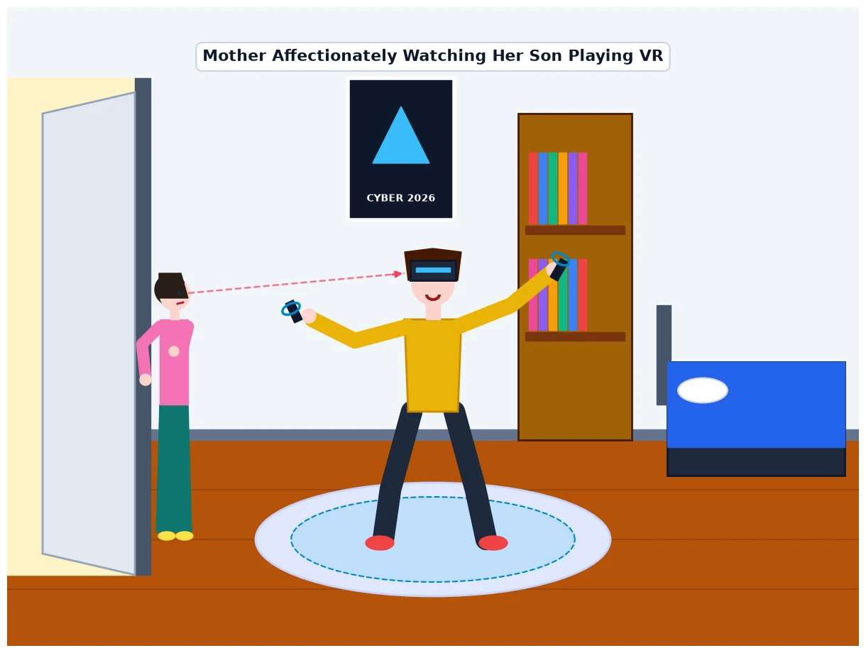 Gemini 3.8 Flashがmatplotlibで描いた自分の部屋でVRゴーグルで遊んでいる様子をお母さんに見られる息子