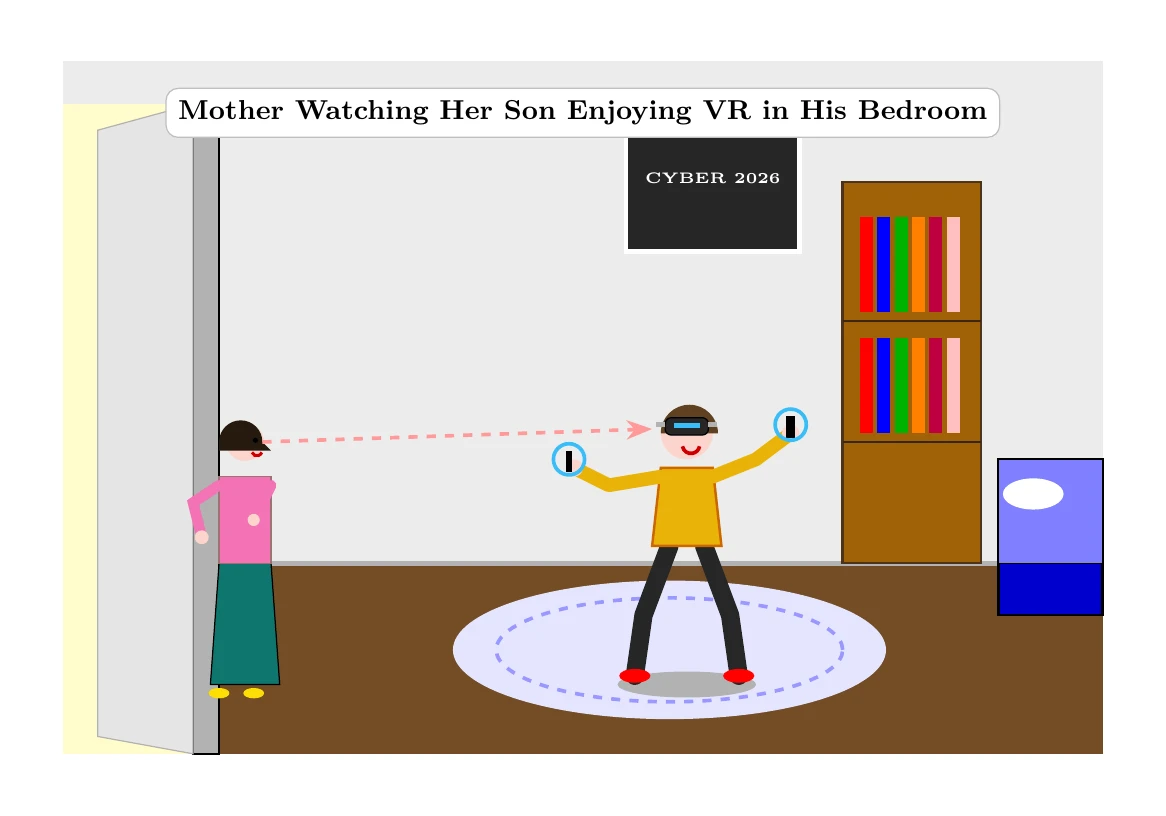 Gemini 3.8 FlashがTikZで描いた自分の部屋でVRゴーグルで遊んでいる様子をお母さんに見られる息子
