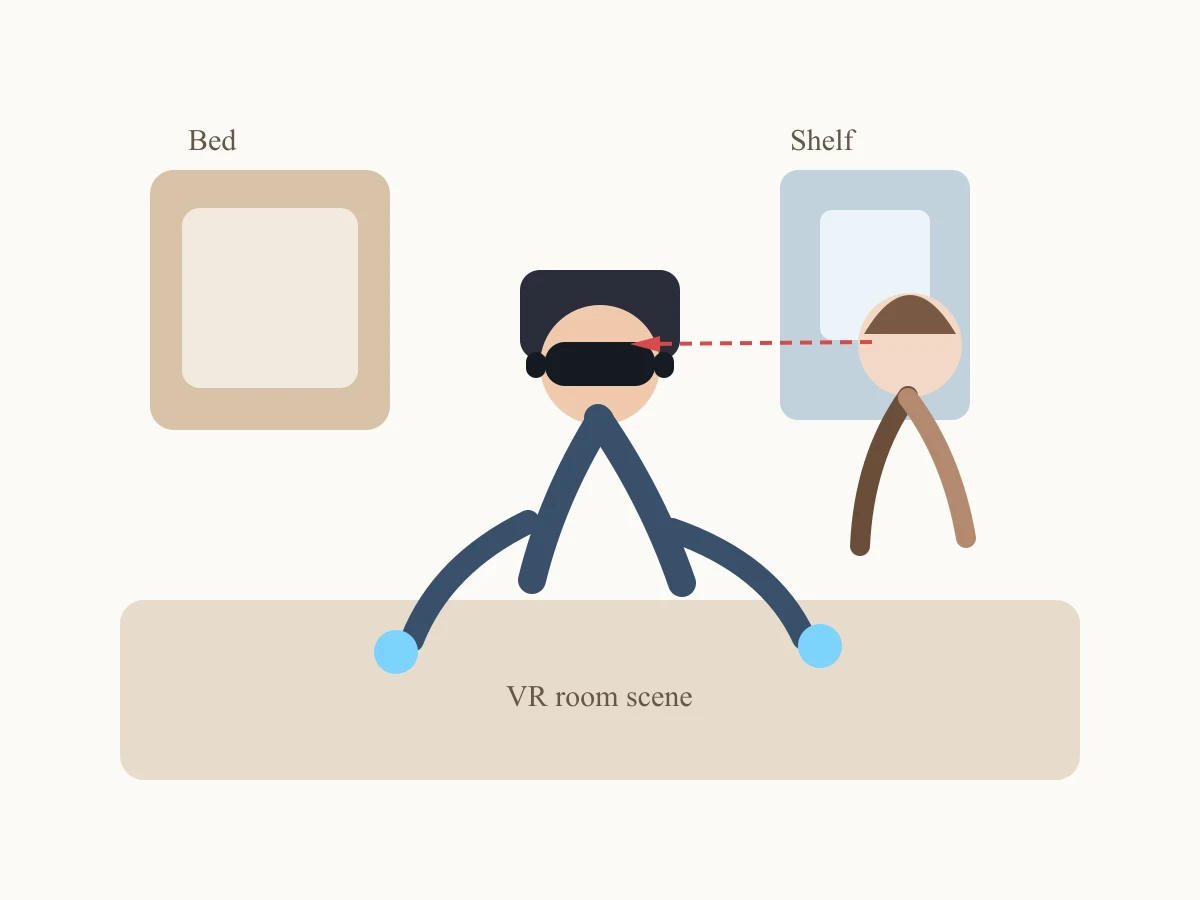 GPT-5.4がSVGで描いた自分の部屋でVRゴーグルで遊んでいる様子をお母さんに見られる息子