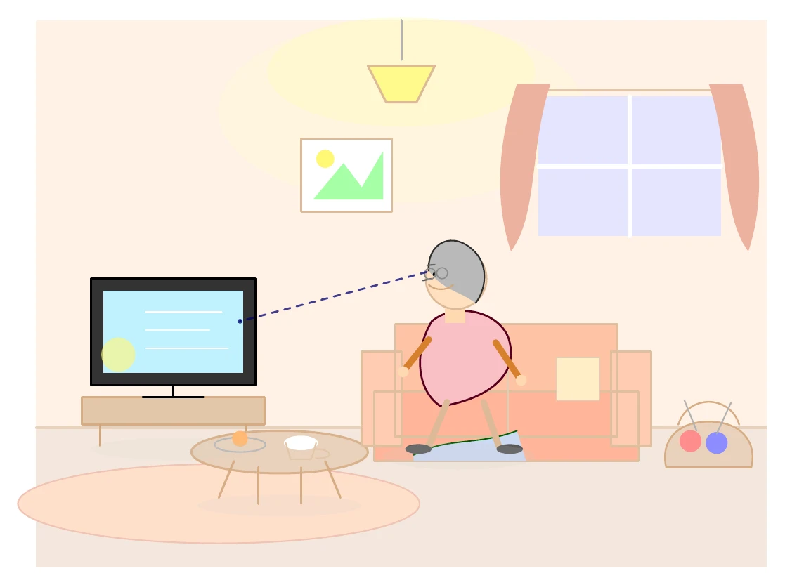 GPT-5.5がTikZで描いた独居おばあちゃんがリビングでテレビを見ている絵