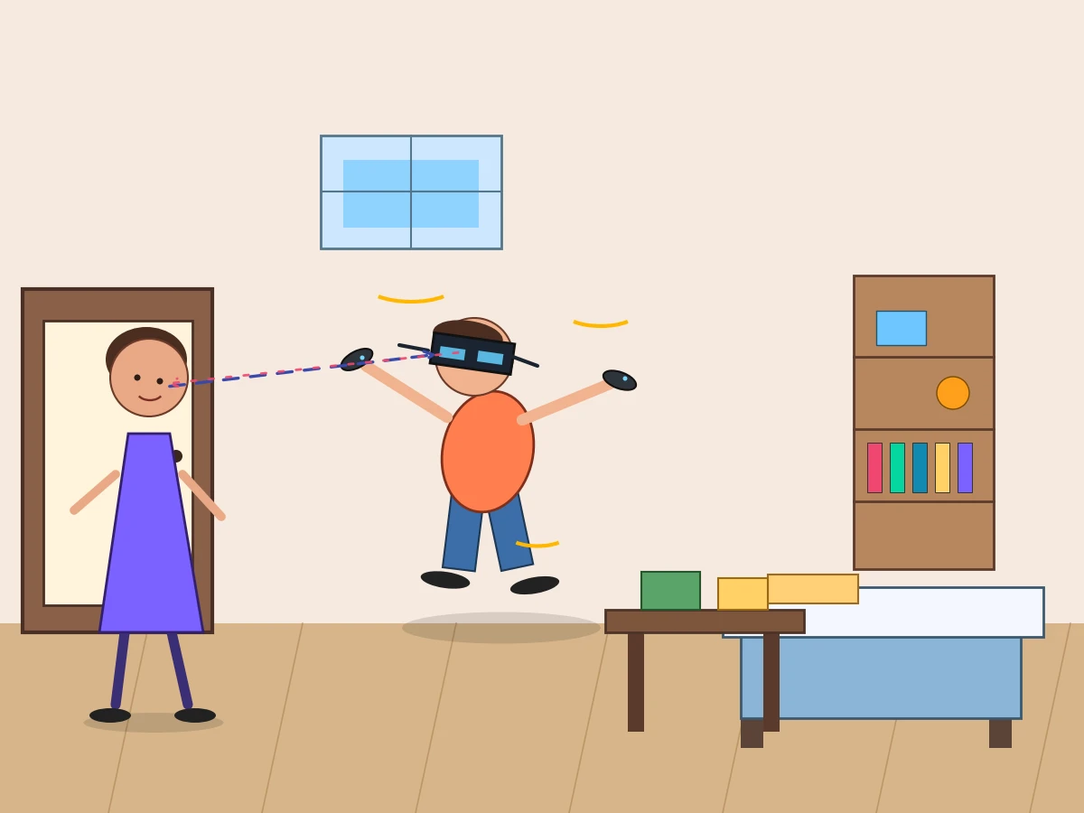 GPT-5.5がmatplotlibで描いた自分の部屋でVRゴーグルで遊んでいる様子をお母さんに見られる息子