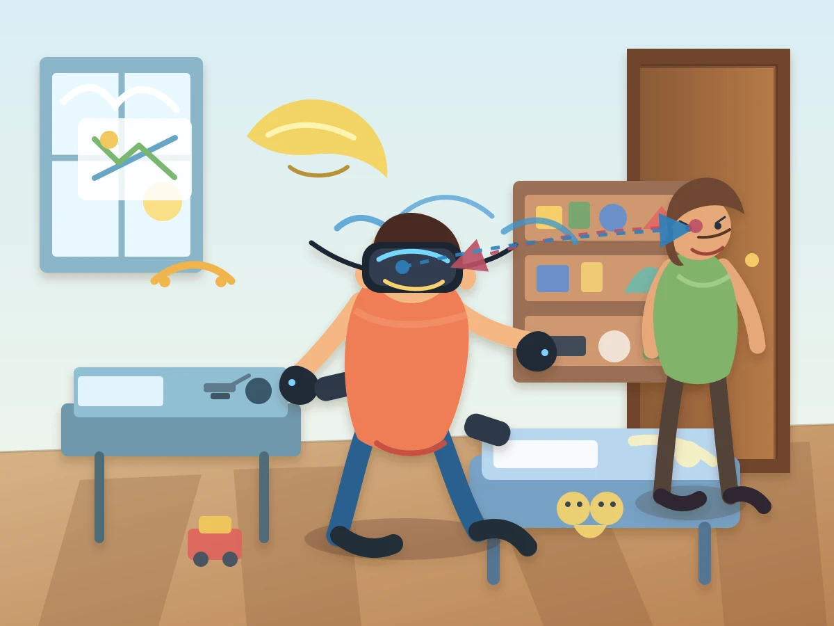GPT-5.5がSVGで描いた自分の部屋でVRゴーグルで遊んでいる様子をお母さんに見られる息子