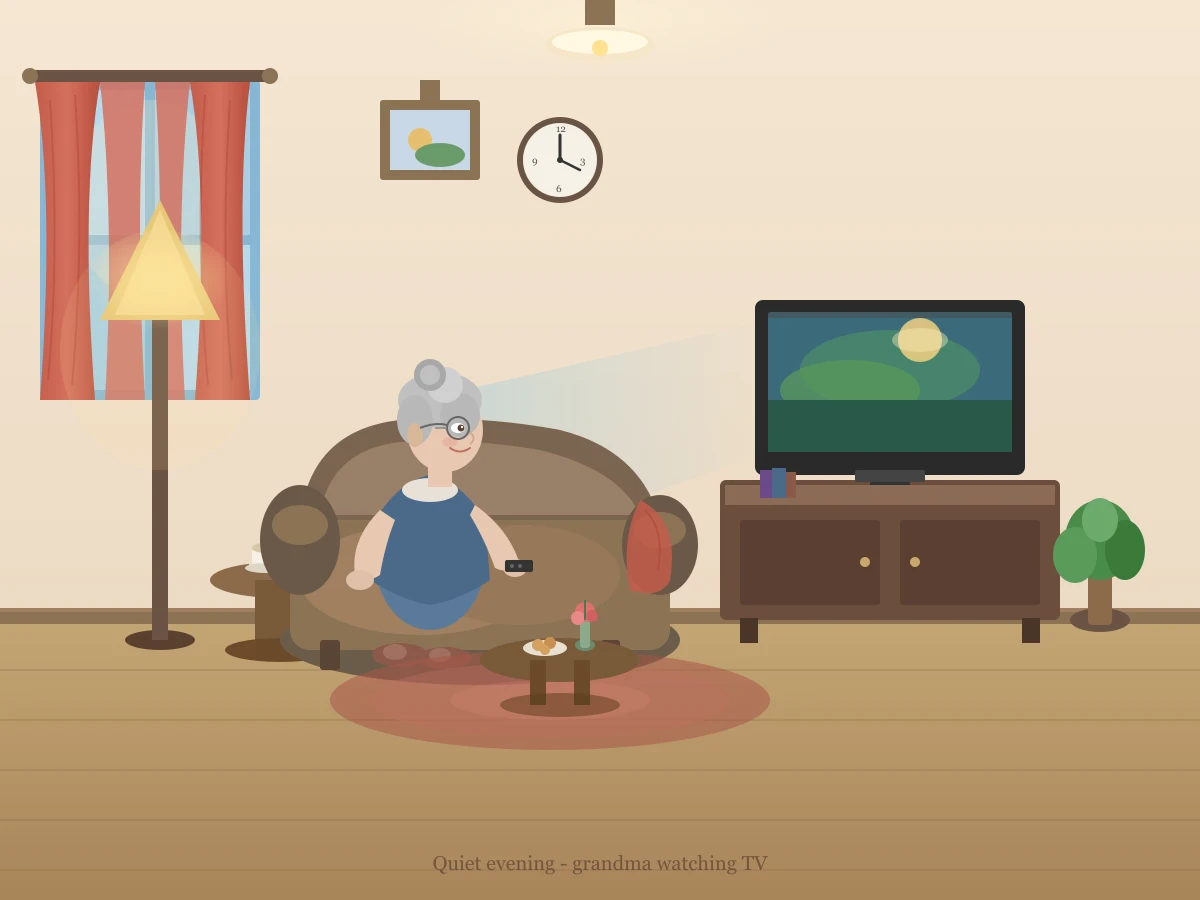 Cursor Grok 4.5がSVGで描いた独居おばあちゃんがリビングでテレビを見ている絵