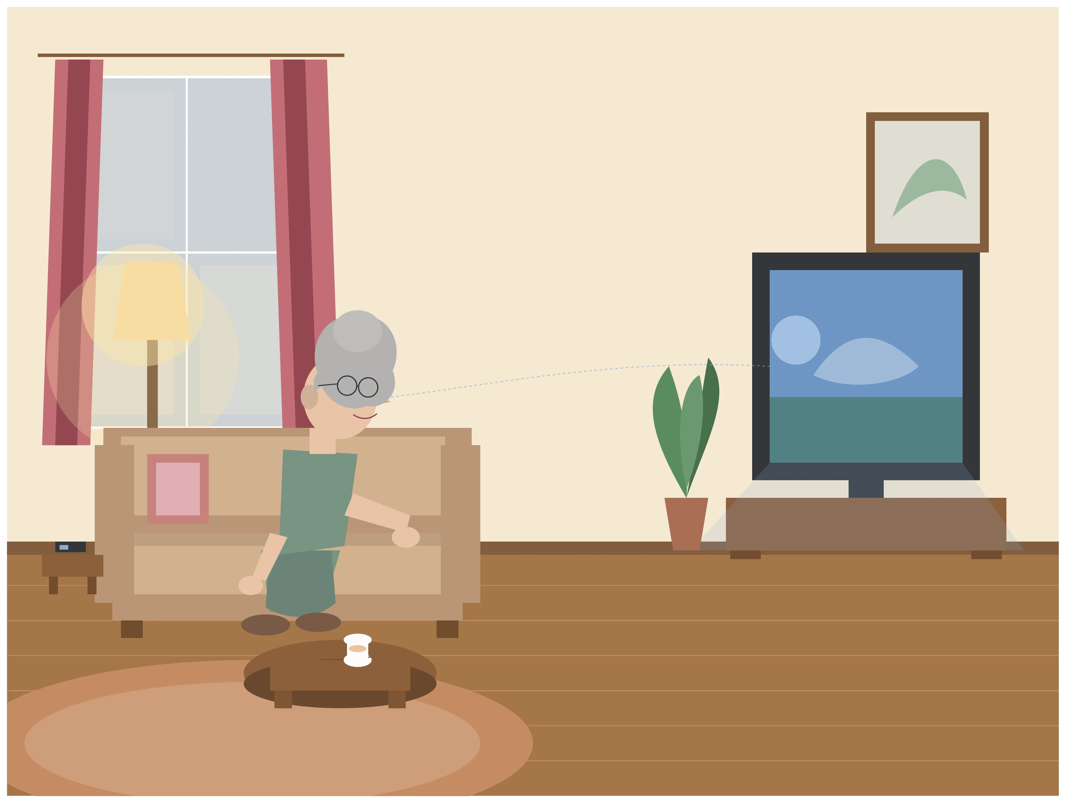 Cursor Grok 4.5がTikZで描いた独居おばあちゃんがリビングでテレビを見ている絵