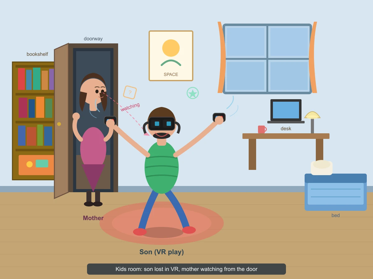 Cursor Grok 4.5がSVGで描いた自分の部屋でVRゴーグルで遊んでいる様子をお母さんに見られる息子