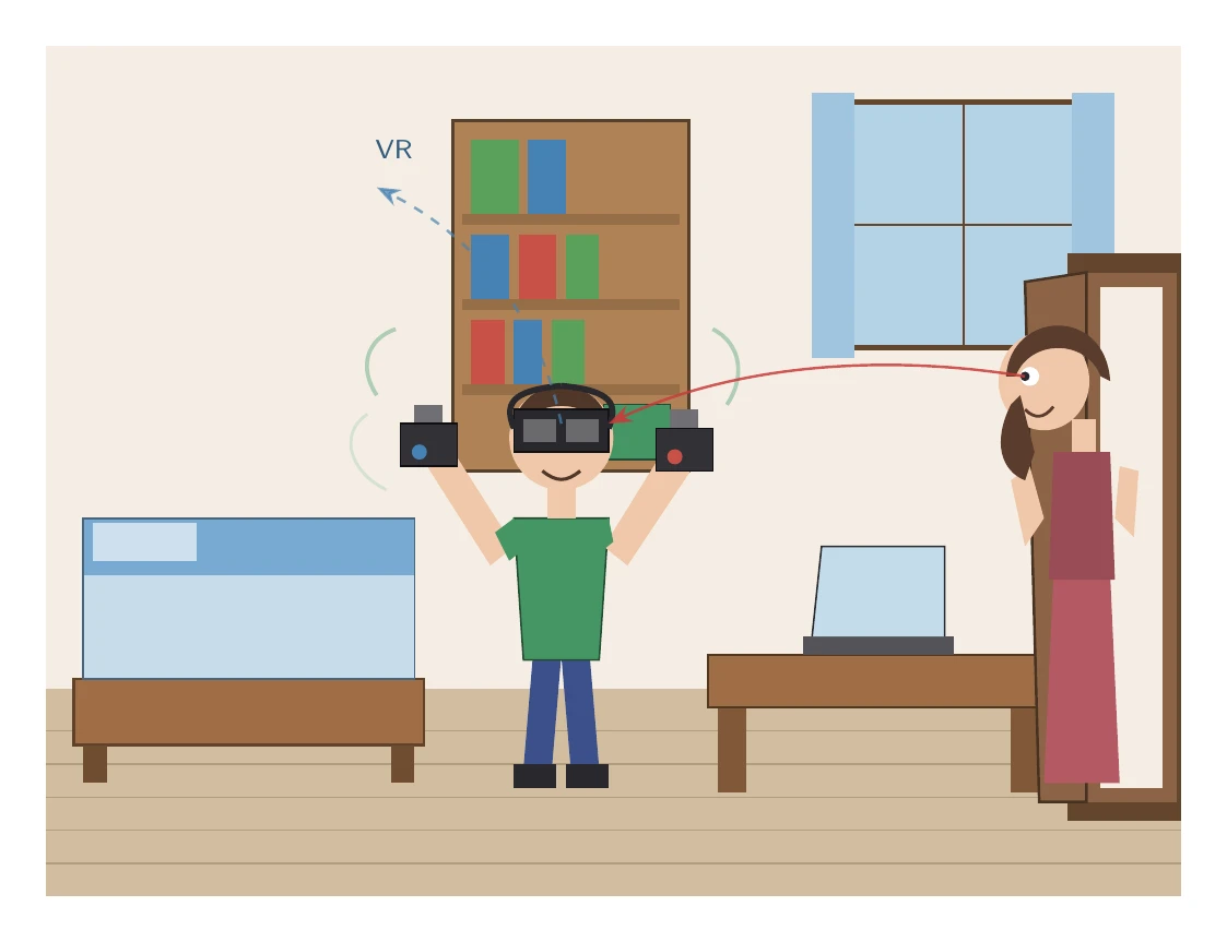Cursor Grok 4.5がTikZで描いた自分の部屋でVRゴーグルで遊んでいる様子をお母さんに見られる息子