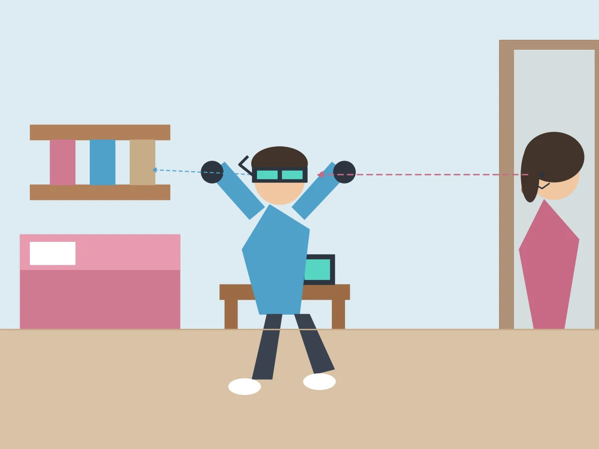 Claude Opus 4.8がmatplotlibで描いた自分の部屋でVRゴーグルで遊んでいる様子をお母さんに見られる息子