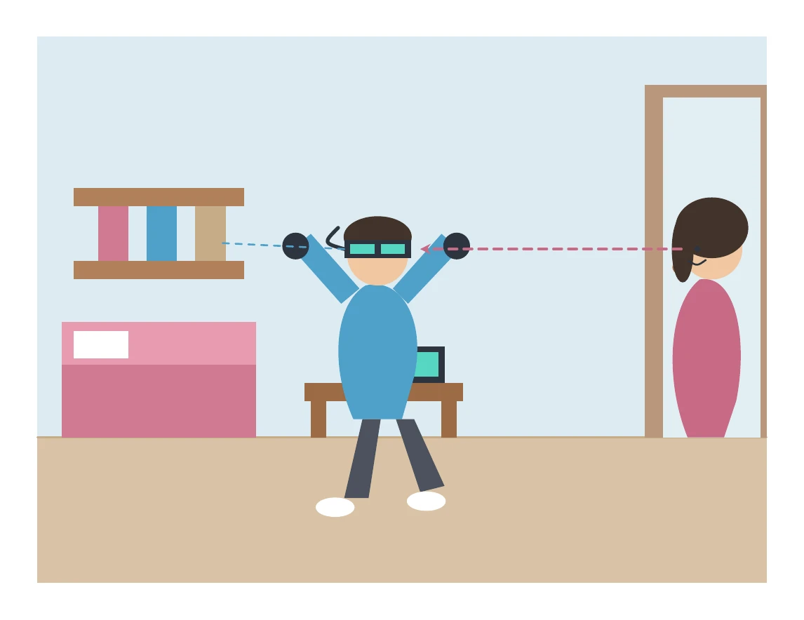 Claude Opus 4.8がTikZで描いた自分の部屋でVRゴーグルで遊んでいる様子をお母さんに見られる息子