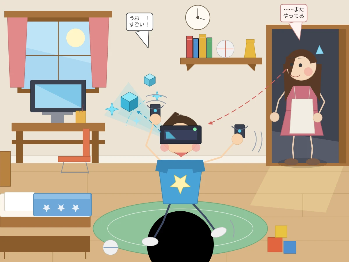 Claude Opus 5がmatplotlibで描いた自分の部屋でVRゴーグルで遊んでいる様子をお母さんに見られる息子