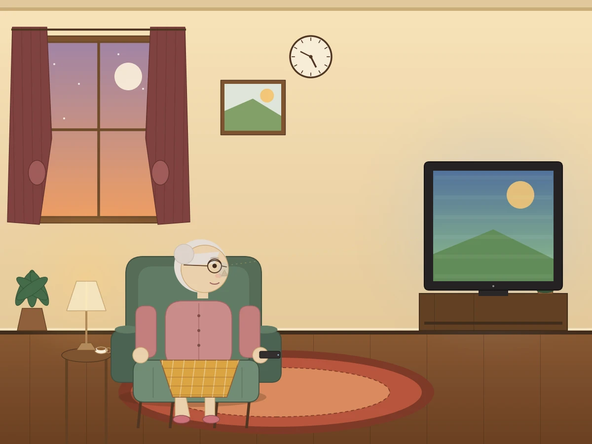 Claude Sonnet 5がmatplotlibで描いた独居おばあちゃんがリビングでテレビを見ている絵