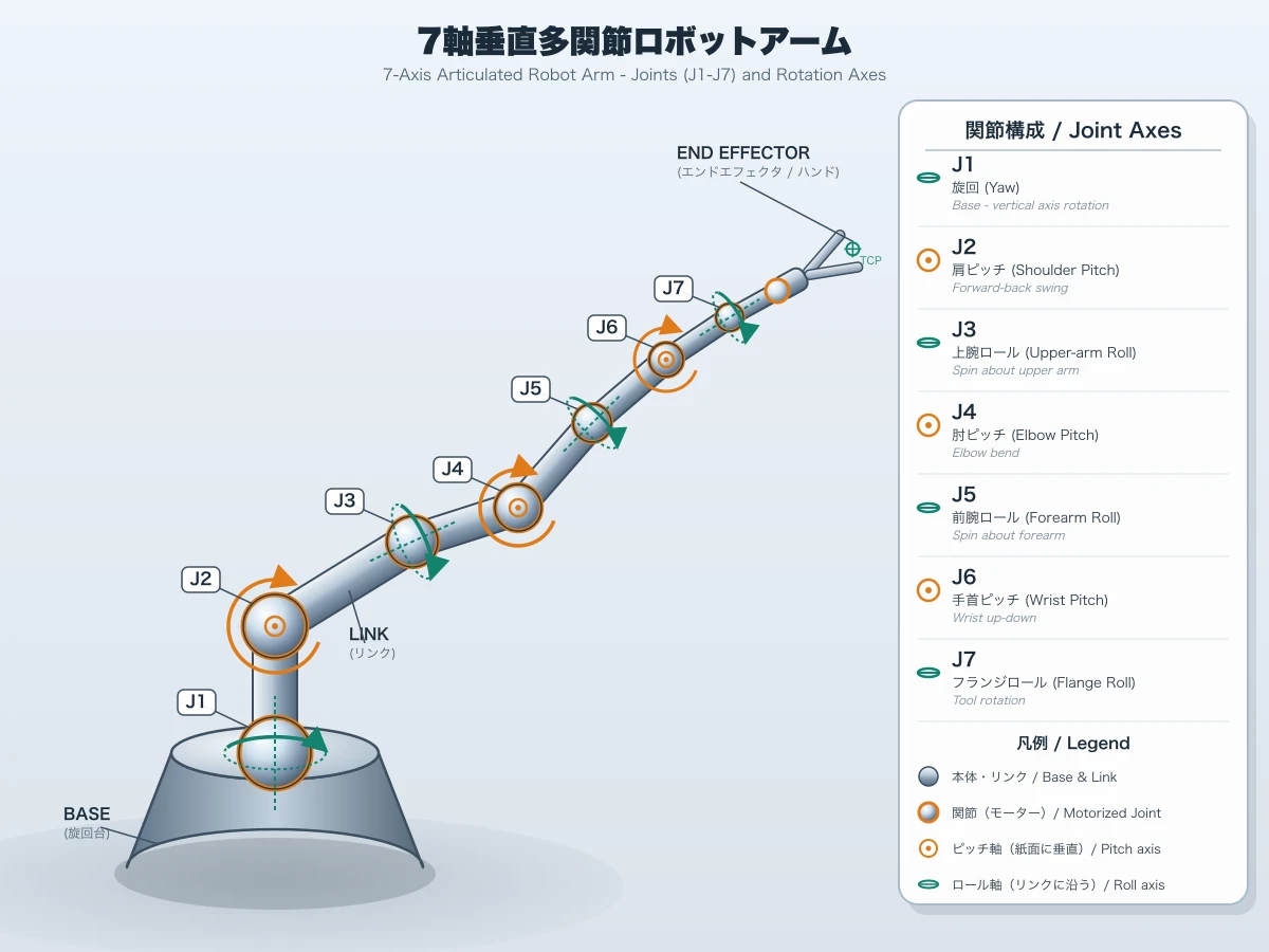Claude Sonnet 5がSVGで描いた7軸ロボットアームとその軸の説明