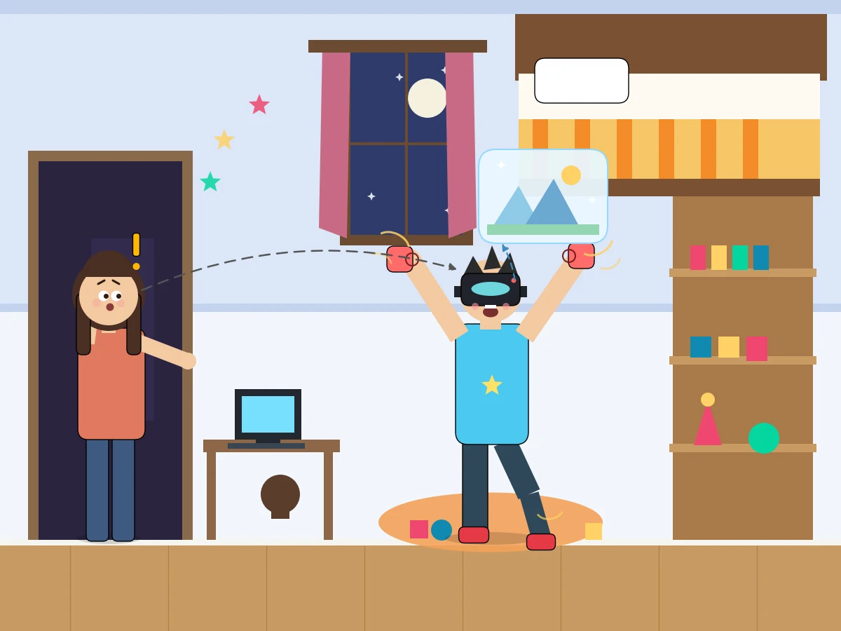Claude Sonnet 5がmatplotlibで描いた自分の部屋でVRゴーグルで遊んでいる様子をお母さんに見られる息子
