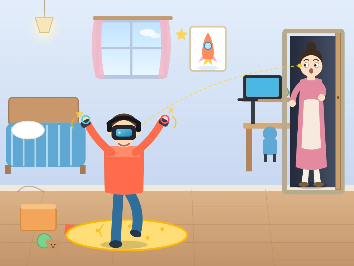 Claude Sonnet 5がSVGで描いた自分の部屋でVRゴーグルで遊んでいる様子をお母さんに見られる息子