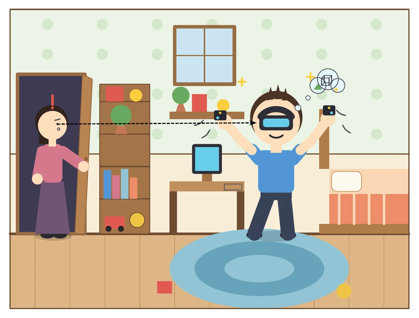 Claude Sonnet 5がTikZで描いた自分の部屋でVRゴーグルで遊んでいる様子をお母さんに見られる息子