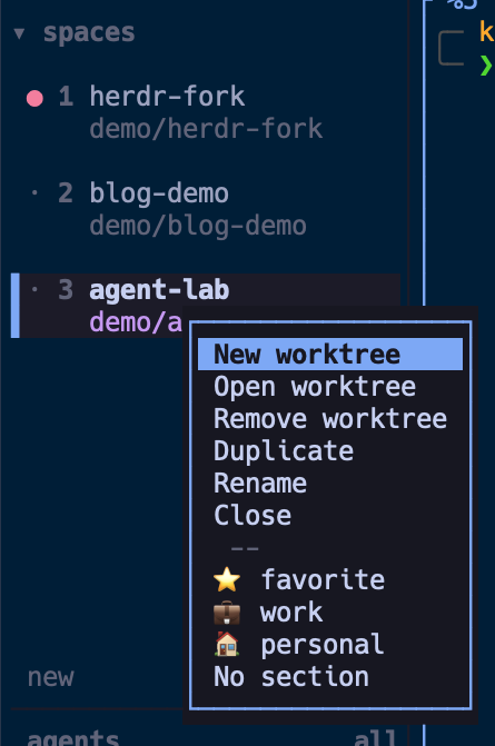 Herdr(fork) のワークスペース context menu