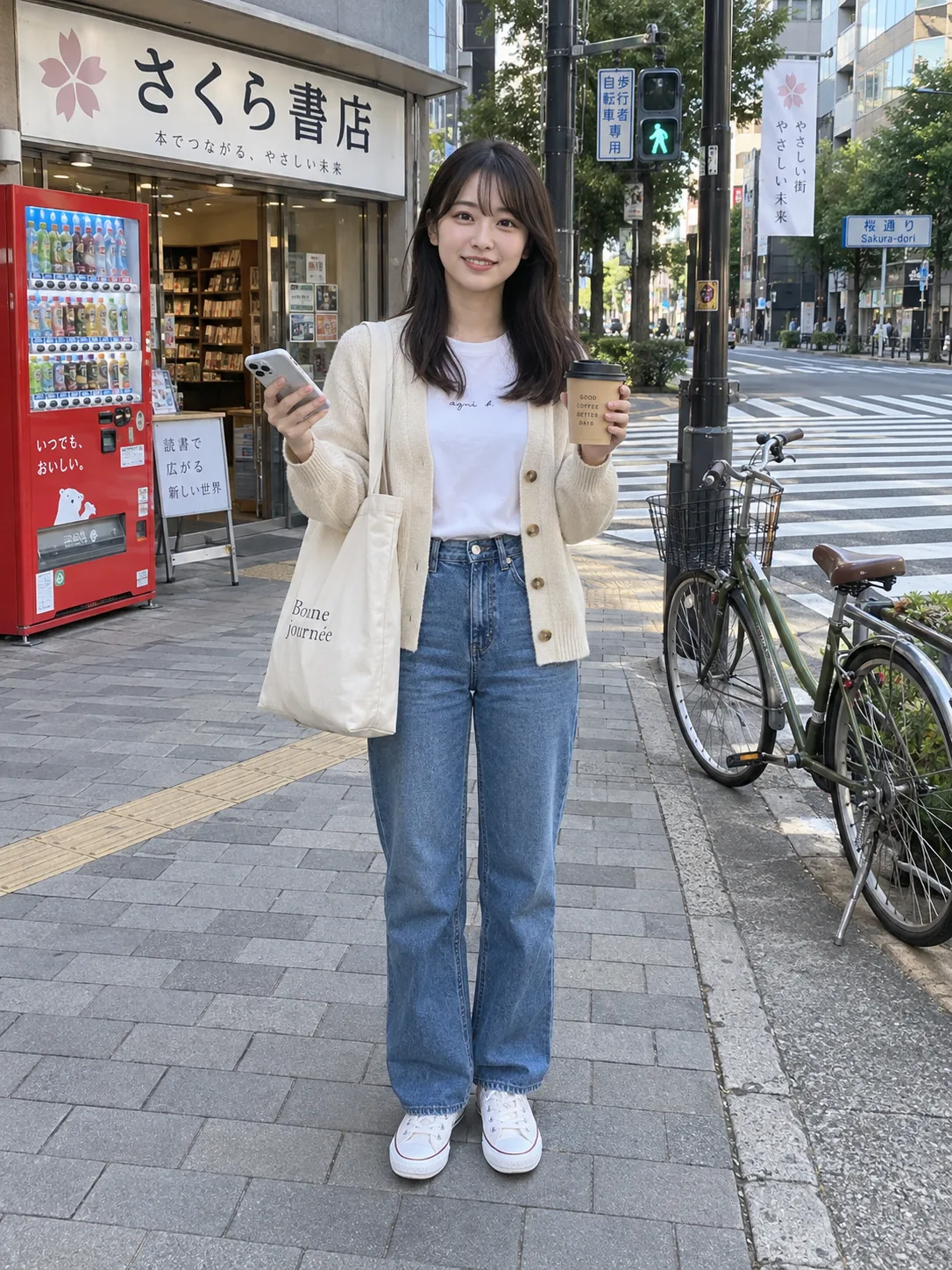 Astraが生成した写真風の街角スナップ。さくら書店の前に立つ女性、自動販売機、自転車、横断歩道、信号機
